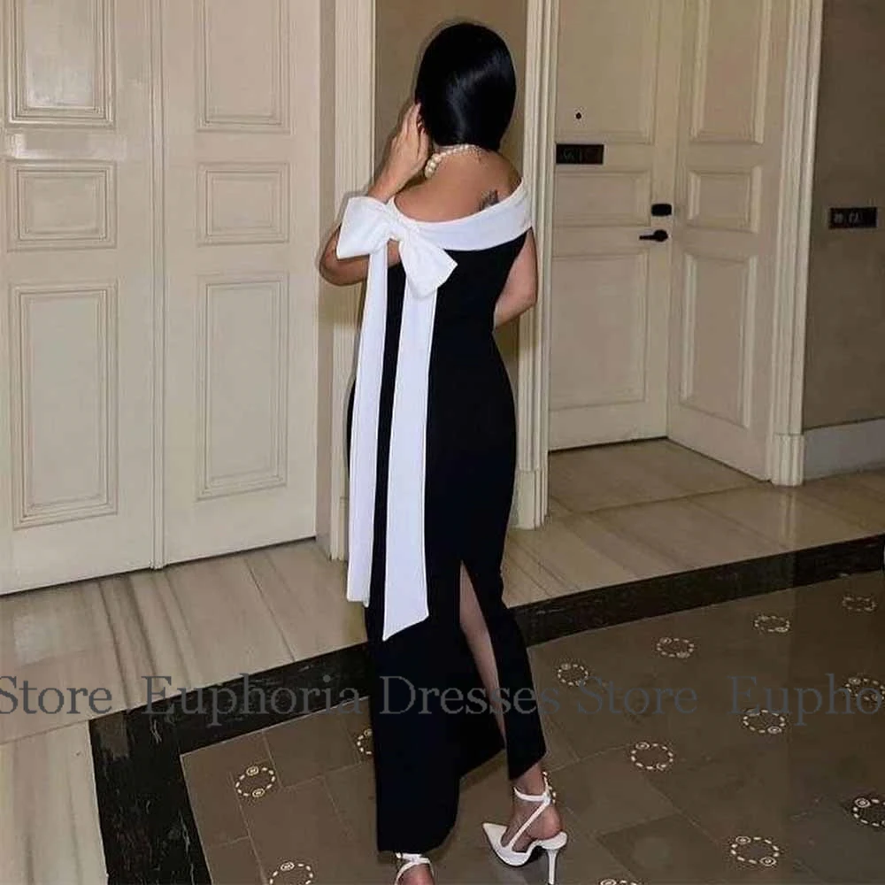 Modern Contrast Color Ceremony Dresses Jersey Sheath/Column Prom Dress Black Off-the-shoulder White Bow Draped Party Gown Midi