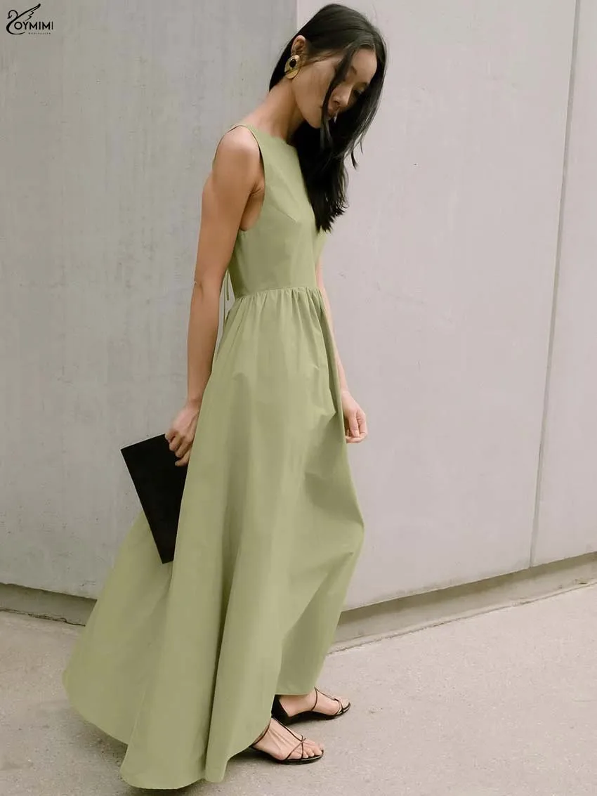 

Oymimi Casual Green Cotton Dresses 2025 Woman Fashion Open Back Lace-Up Sleeveless Dresses Elegant New Loose Ankle-Length Dress
