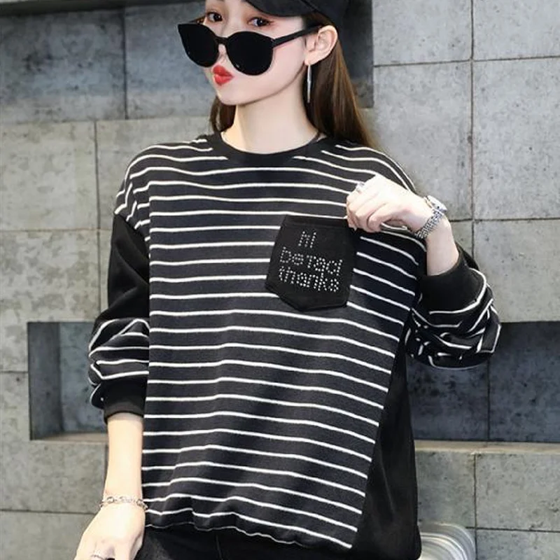 Female Streetwear Sweatshirt Rhinestone Woman Clothing Casual Korean Fashion Pullover Stripe Crewneck Clothes Black Vintage Tops