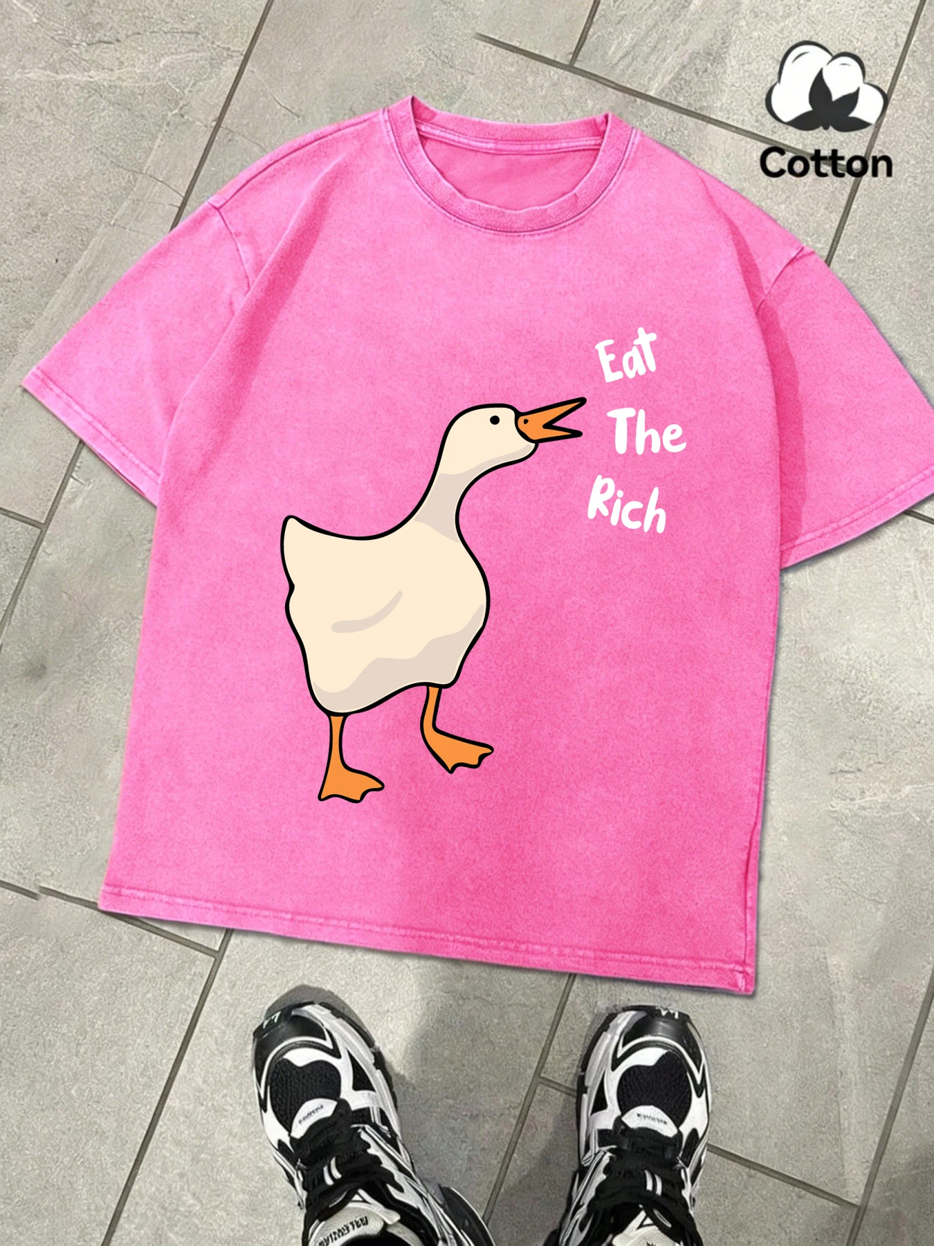 Eat The Rich Goose Printing Retro Man Snow Wash T-Shirts Summer Loose Cotton Tops Soft Trendy Washed O-Neck Tee Sport Clothing