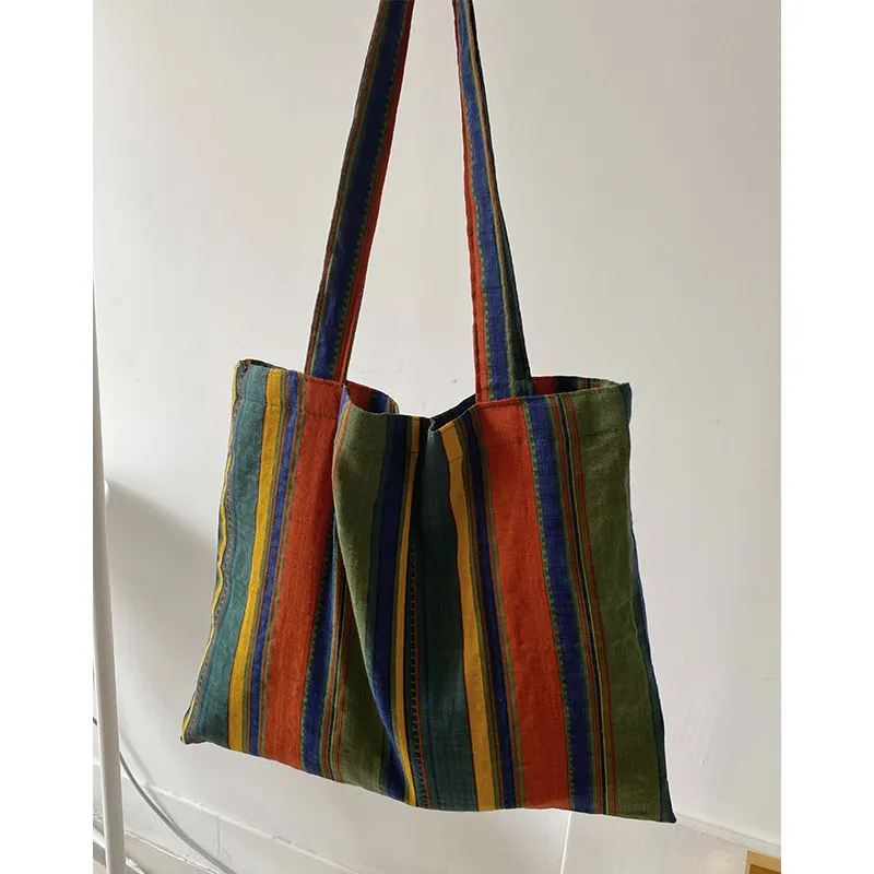 Ladies Bohemian Striped Linen Tote Bag Large Capacity Casual Shoulder Bag Daily Handbag for Daily Commute Shopping Travel image 3