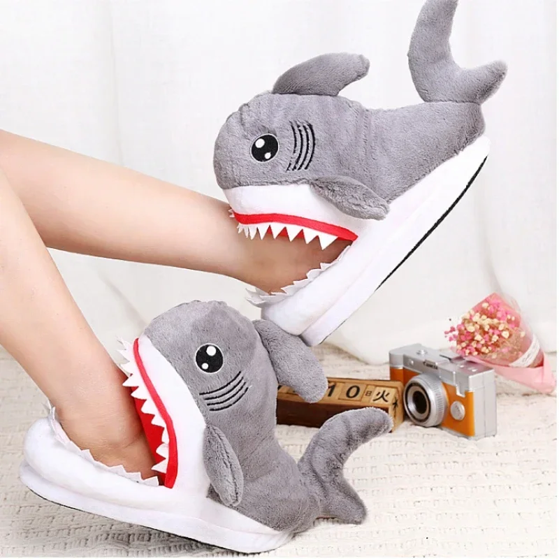 Shark Slippers Cute Cartoon Shark Cotton Slippers for Women, Anti Slip Thick Sole, Warm and Personalized Plush Home Cotton Shoes