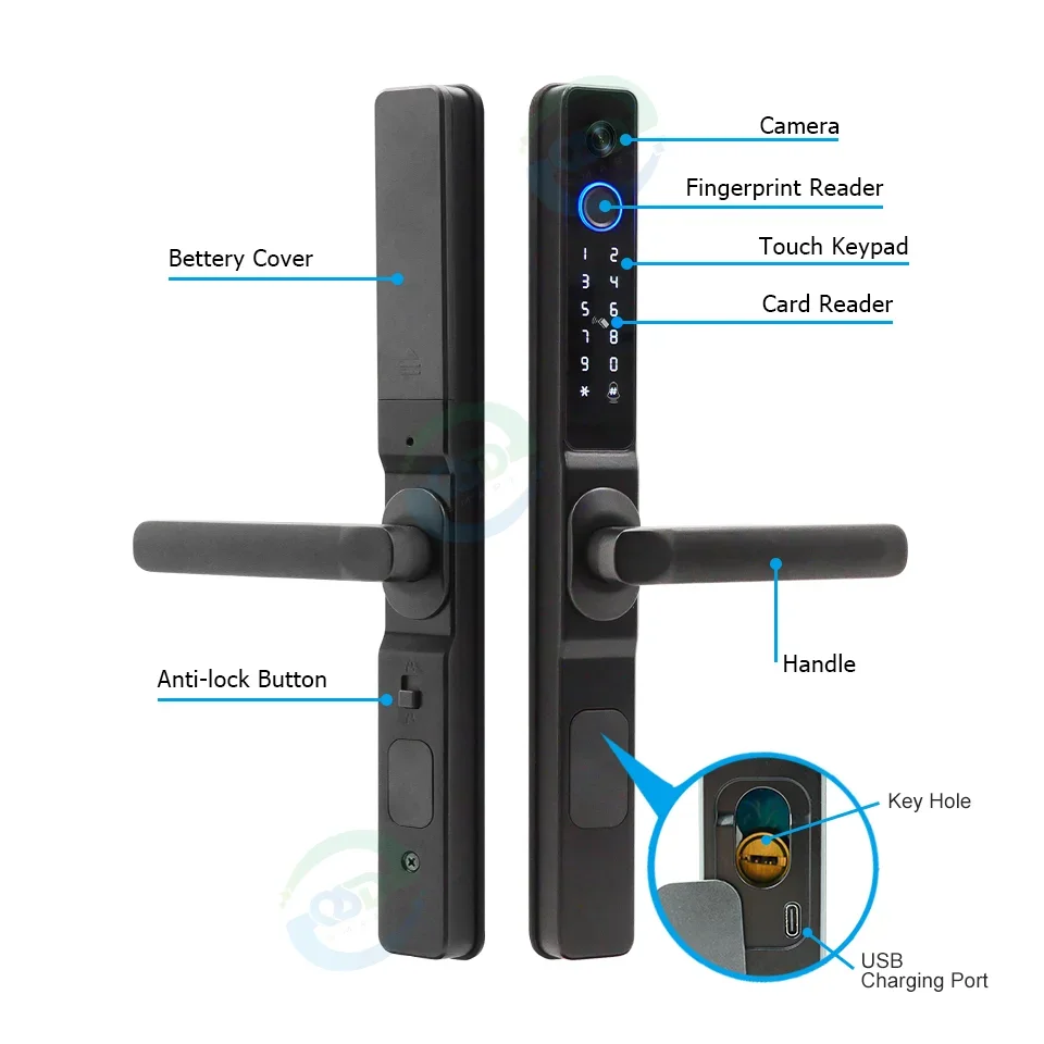 Intelligenter digitaler Viewer Tuya APP WiFi Türschloss Aluminium Schiebesicherheit Fingerabdruckgriff Smart Lock mit Kamera
