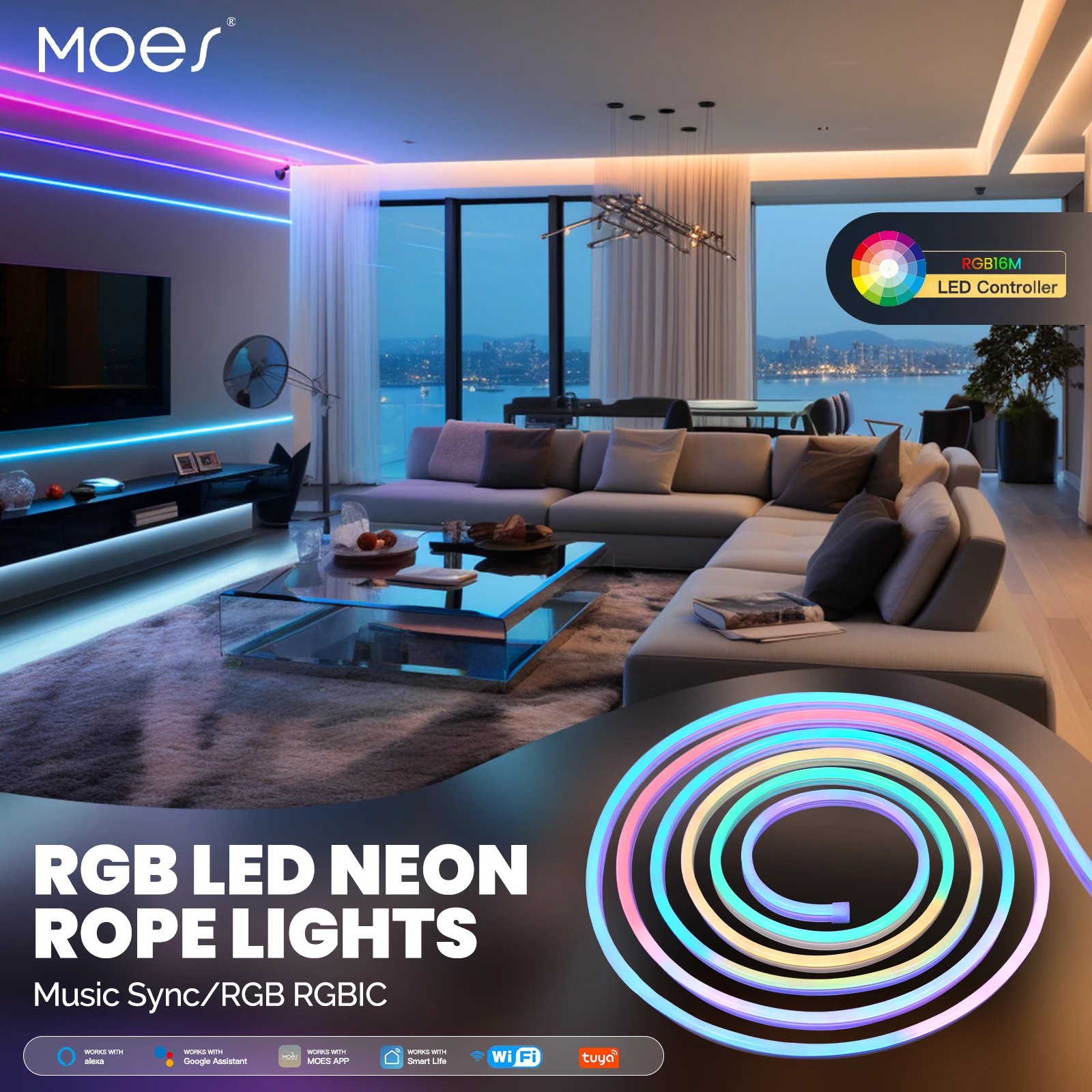 

Умная неоновая Светодиодная лента MOES с Wi-Fi, 16 миллионов цветов RGB, веревочная лампа для подсветки телевизора, искусственное оформление, работа с Alexa Google Home