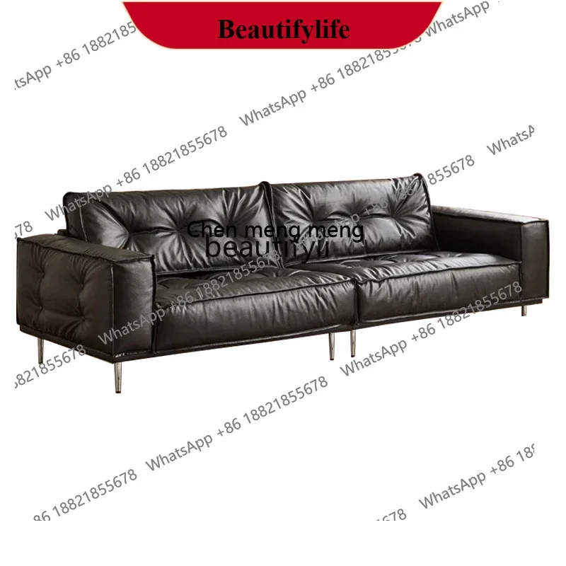 

z183 Italian minimalist leather sofa light luxury retro small apartment living room straight row medieval black sofa