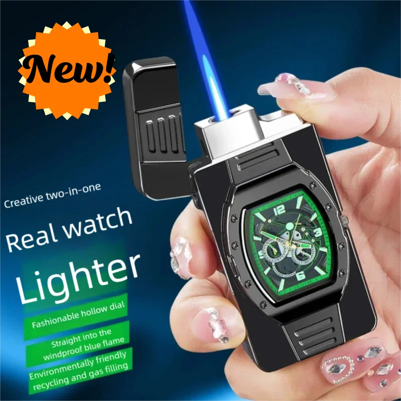 Real watch night light pointer cycle inflation wholesale blue flame inflatable windproof direct impact lighter