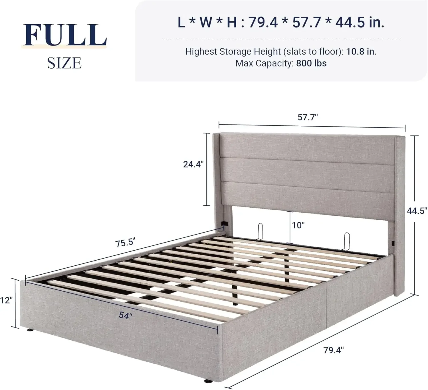 Full Size Lift Up Storage Bed, Modern Headboard, No Box Spring Needed, Hydraulic Storage, Light Beige