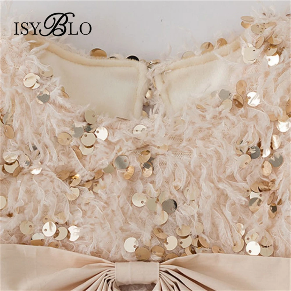 Sequined Dress for Chidren with Bow Beige Tutu Dresses from for Girls from 90-130cm Tall Real Images Christmas Party Gowns