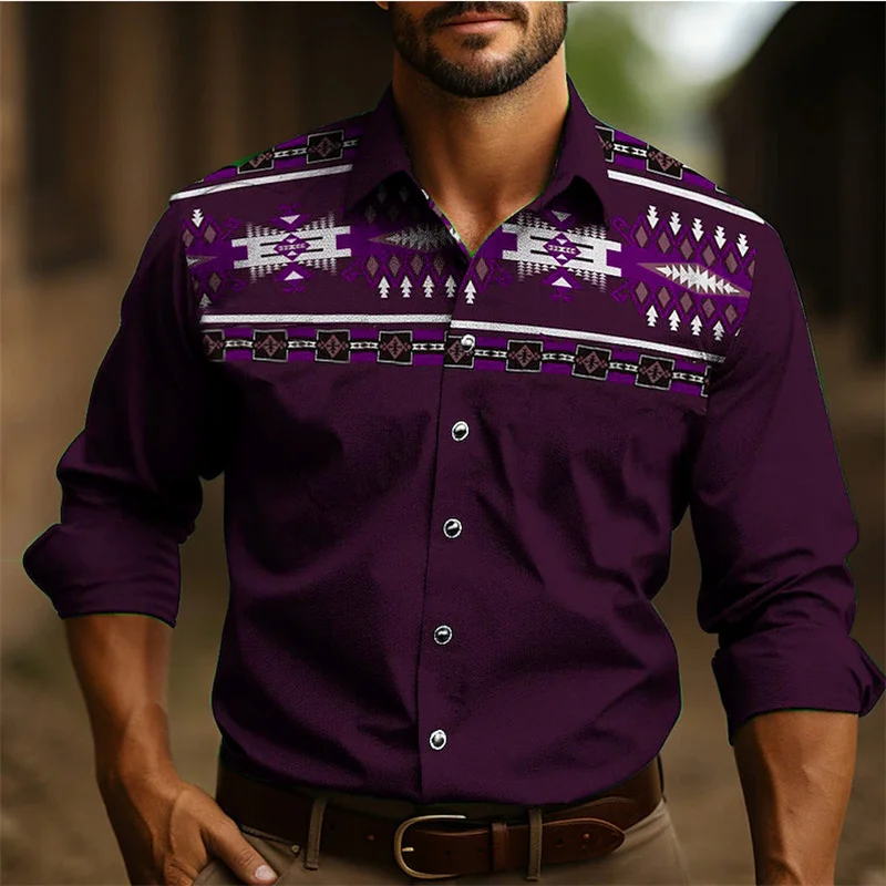 Vintage men's shirt ethnic wear western shirt tribal pattern retro black grey soft comfortable soft clothing new large size image 5