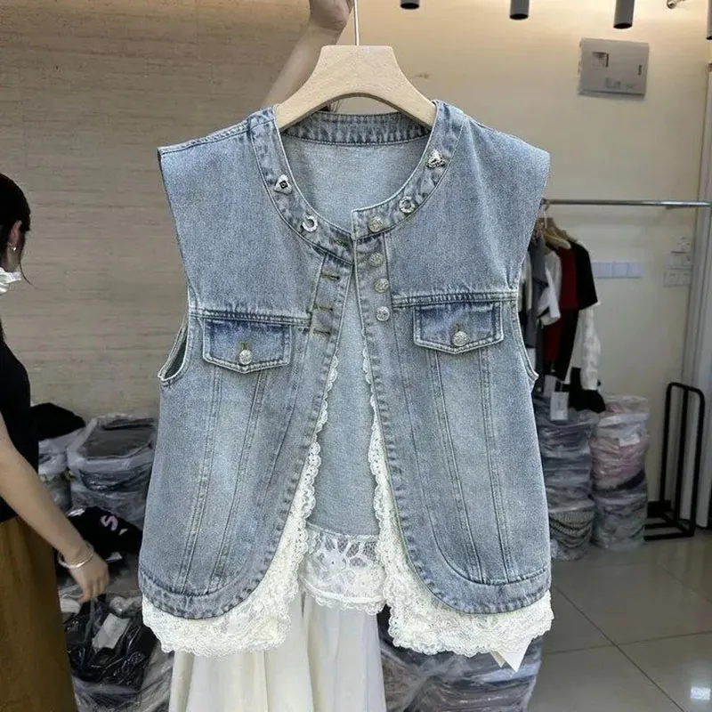 2026 Women's Summer New Vest Letter-encrusted Diamond Round Neck Sleeveless Lace Splicing Denim Ves
