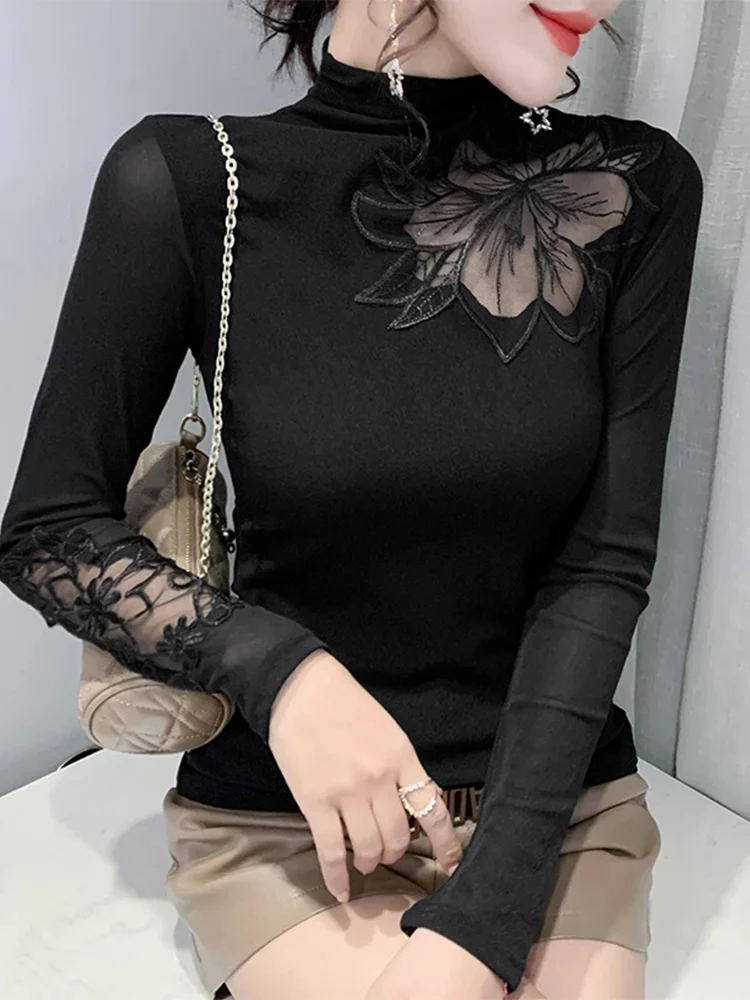 

Winsleter Streetwear Tshirt Long Sleeve Tees Women Sexy Crochet Lace Print Slim Mesh Tops Autumn Winter New T30845JM