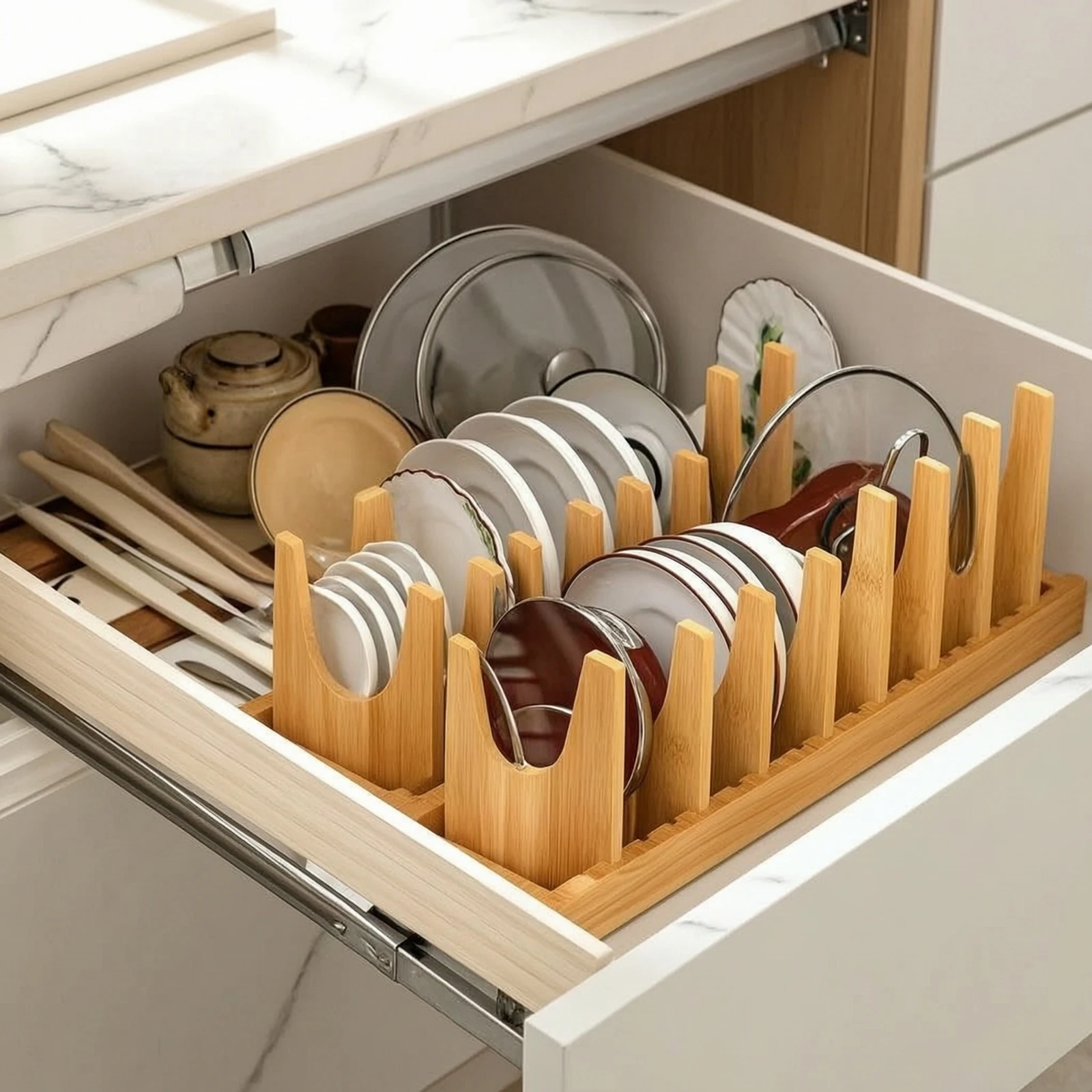 Organisateur de vaisselle compact en bambou avec séparateurs – Égouttoir à assiettes naturel et écologique