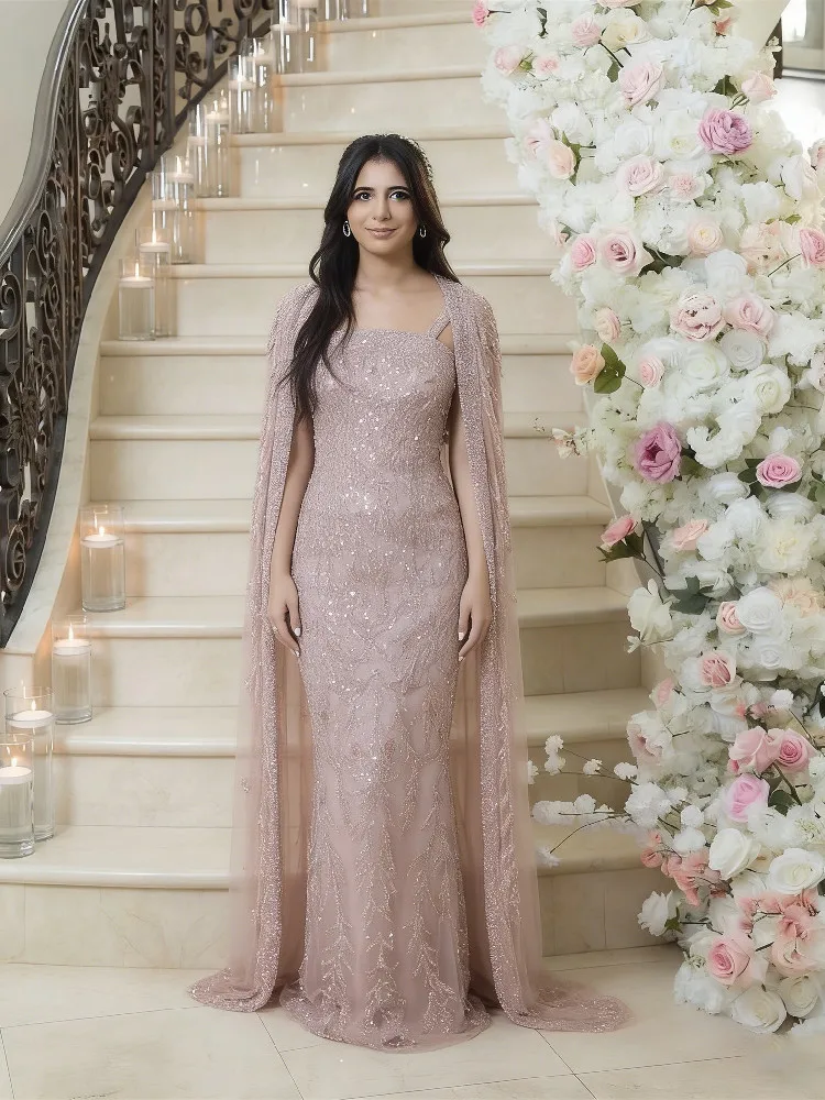 Fatapaese alta costura vestidos de noite de luxo com capa requintado contas cristais rosa sereia vestidos de noite árabe dubai vestido