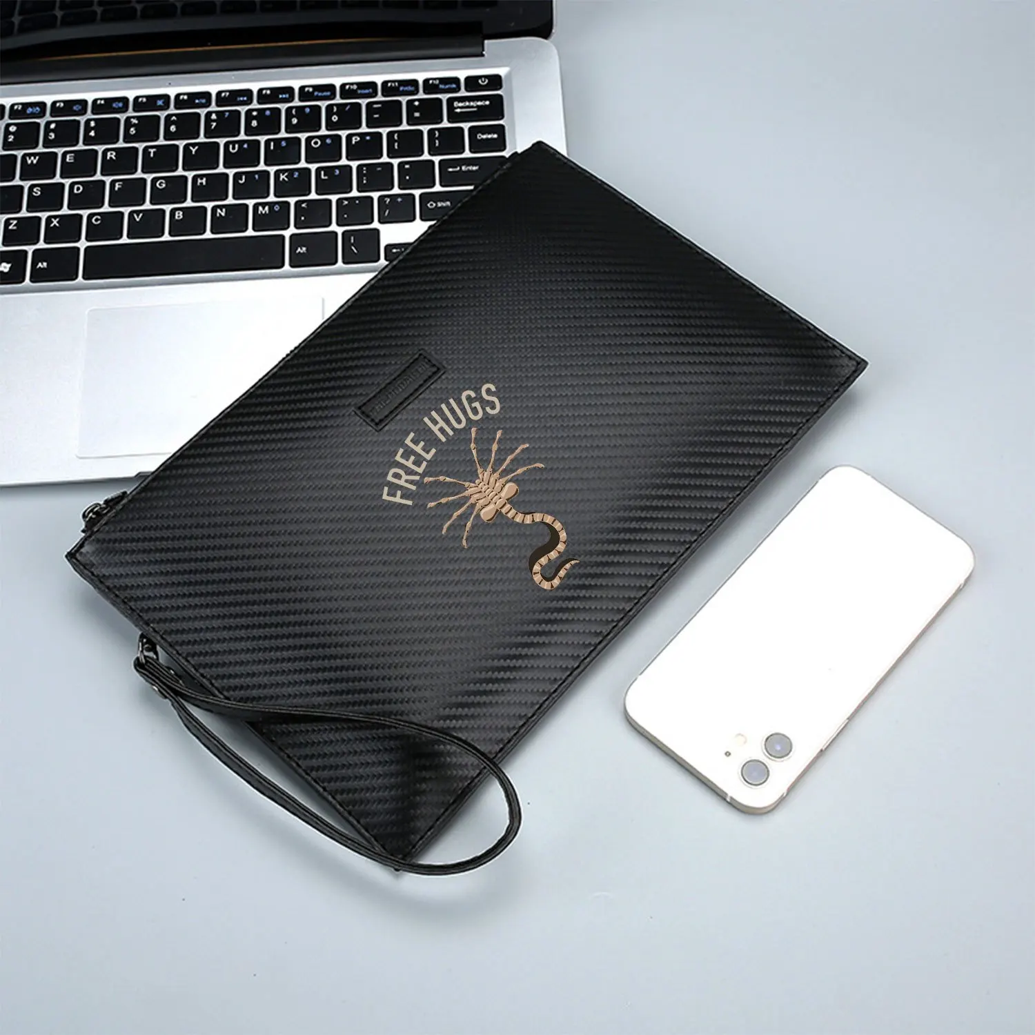 Free Hugs Facehugger Design elegante impresso PU bolsa masculina elegante e prática para transporte diário