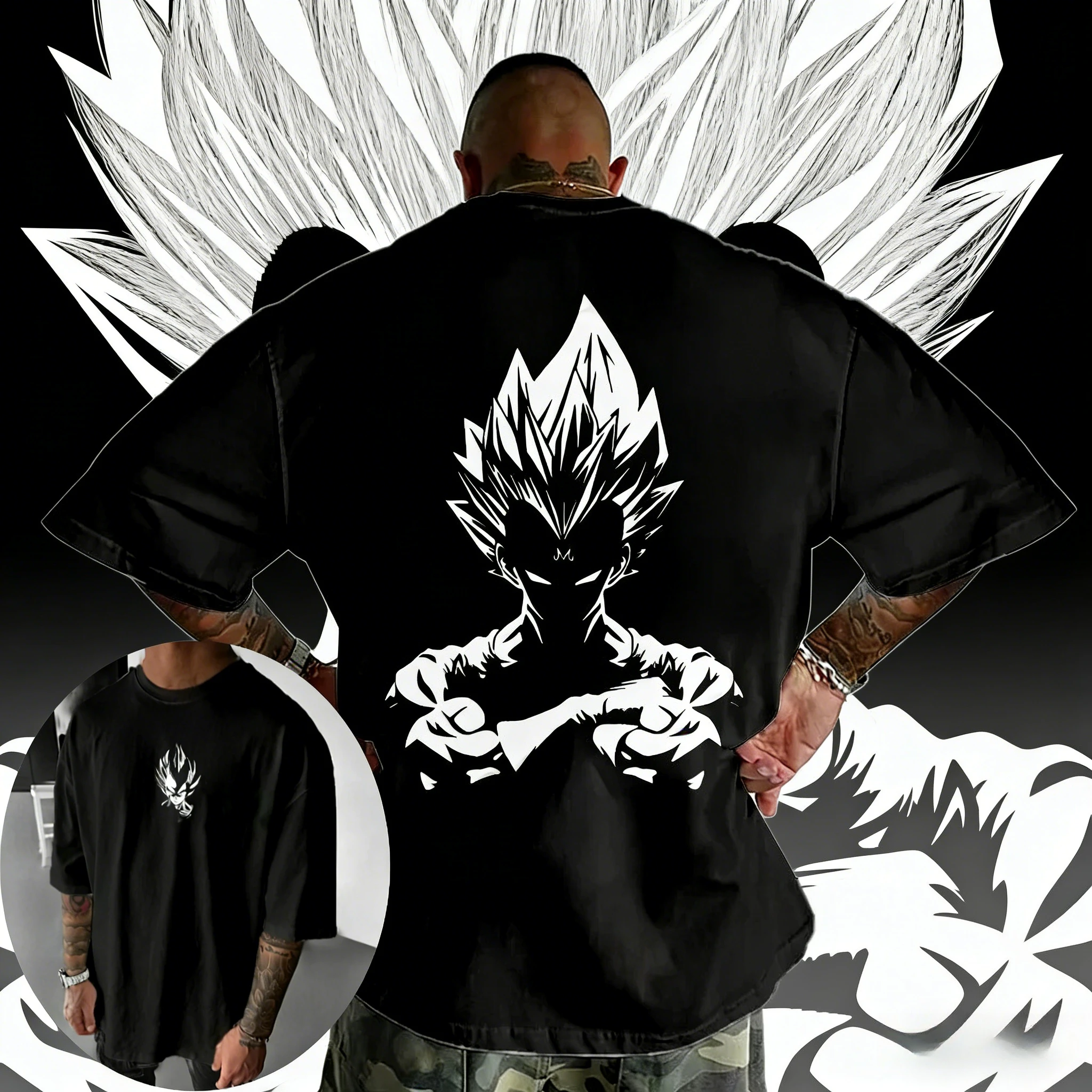 

2026 Summer Dragon Ball Retro T-Shirt, Cotton Oversized Super Saiyan Vegeta Silhouette Print Casual , Men Women Adults Kids