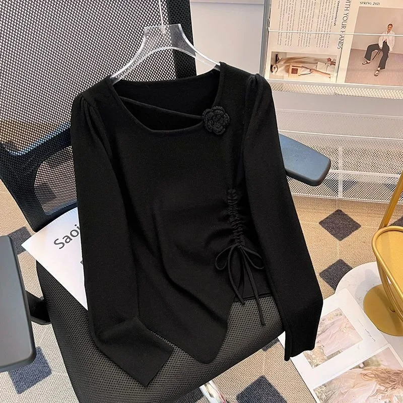 Irregular 2025 Spring New Drawstring 3D Chic Knitted Pullover Slim-fit Shirred Pleats Ins Crew Neck Long-sleeved Top
