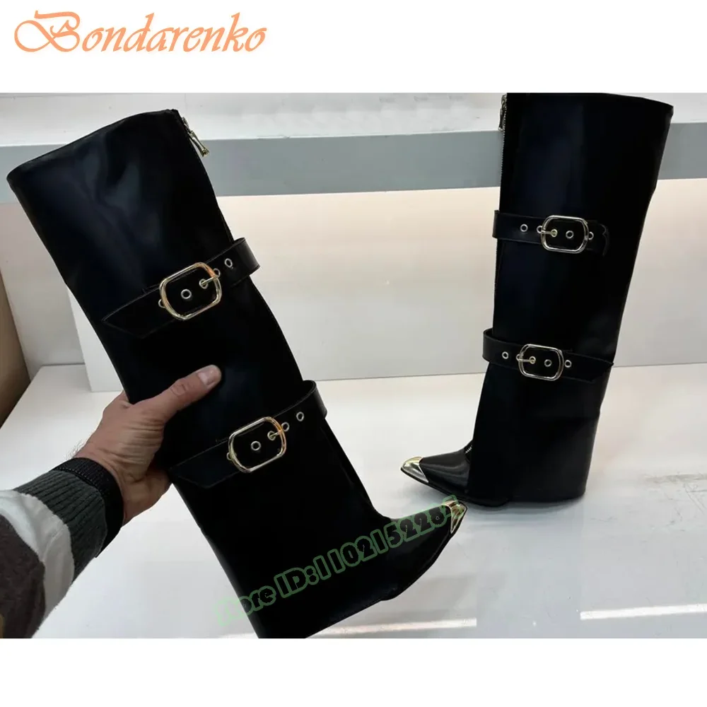 Metal Pointy Toe Boots Buckles Straps Zipper Trouser Boots Stiletto Heels Knee High Women Sexy Shoes New Spring Leather Cut Outs