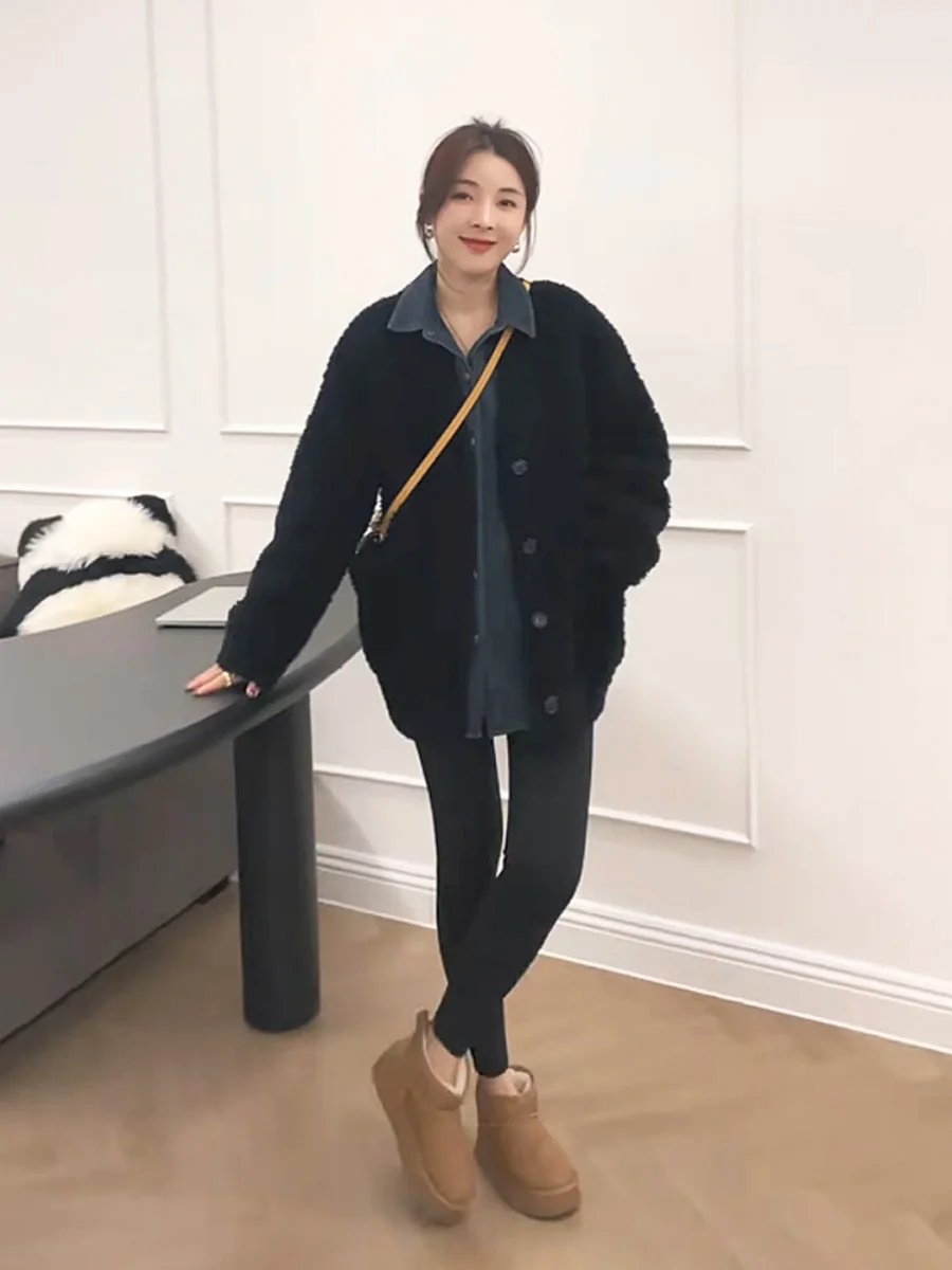 فرو الضأن Jaet V-Ne زر واحد Thiened فضفاض صالح Faionable شتاء جديد الملابس النسائية التخسيس الأعلى