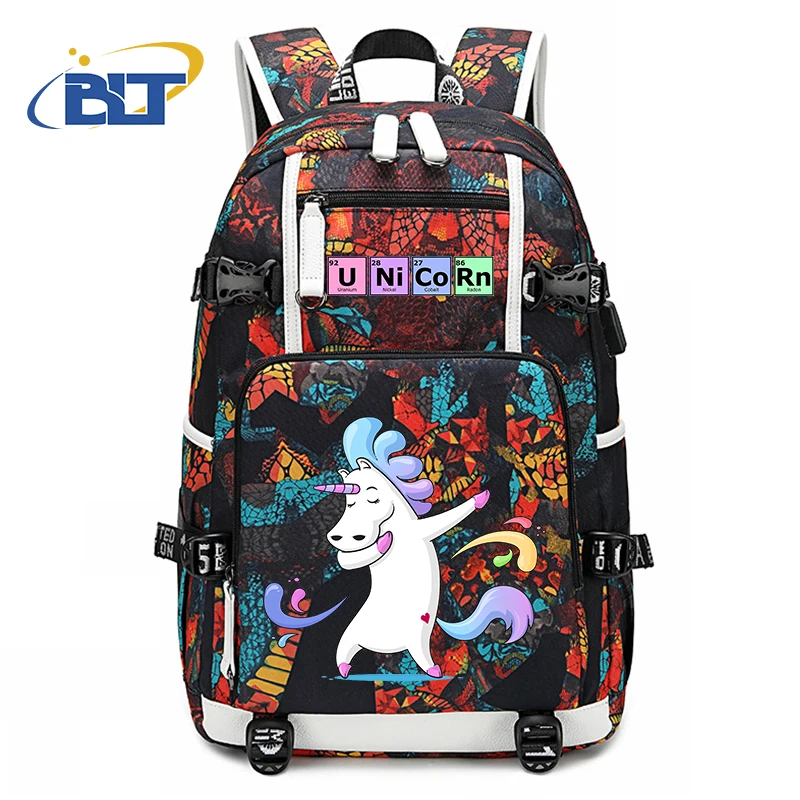 Unicorn Print Student School Bag, Mochila de grande capacidade, USB Outdoor Travel Bag, Presente Kids