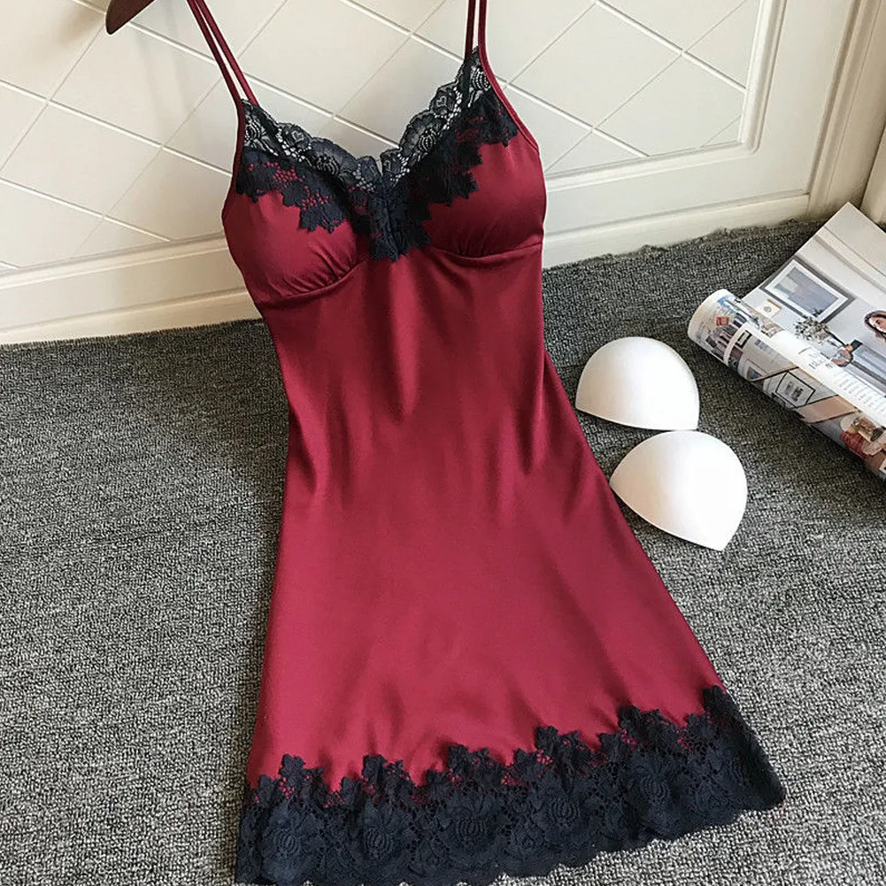 Women\'s Sexy Lingerie Summer Silk Night Gown Lace Patchwork Mini Night Dress Spaghetti Strap NO Chest Pad Sleepwear For Ladies