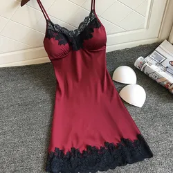 Women's Sexy Lingerie Summer Silk Night Gown Lace Patchwork Mini Night Dress Spaghetti Strap NO Chest Pad Sleepwear For Ladies