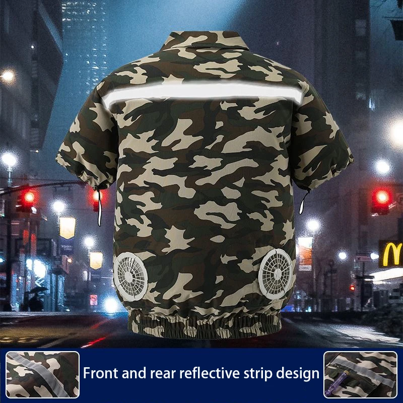 Summer Air Conditioning Suit with Reflective Strip Cooling Fan Suit Short Sleeve Arc Welding Outdoor High Temperature Workwear