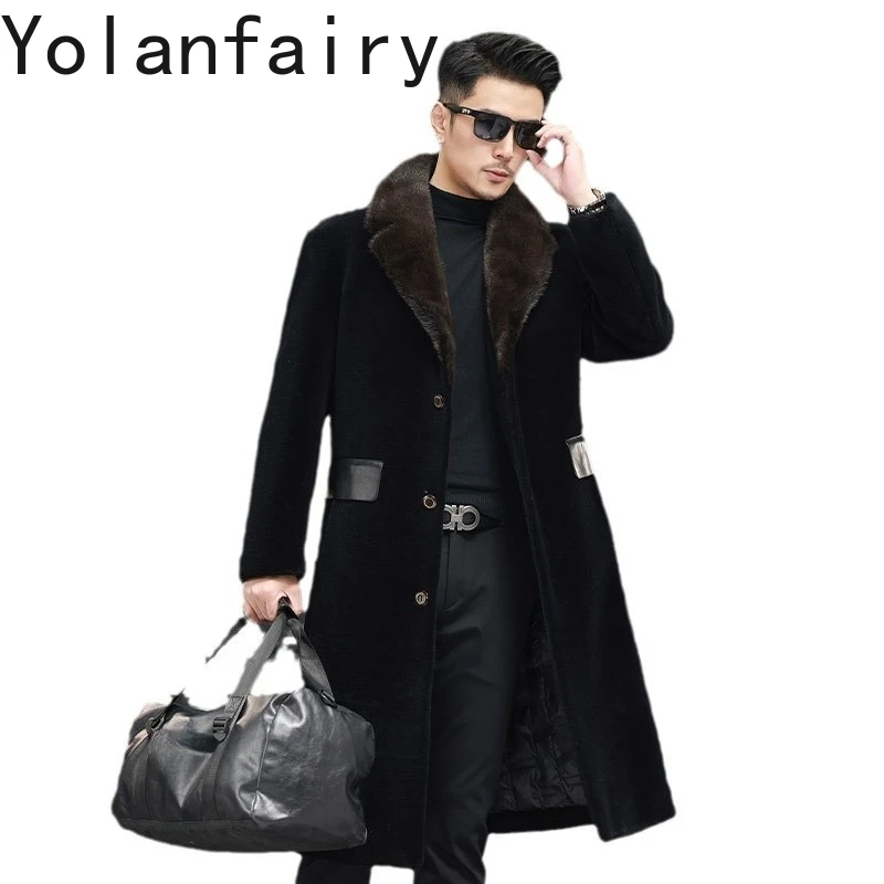 

YOLANFAIRY 100% Sheep Shearing Jacket Men Winter Warm White Duck Down Coats Mink Fur Collar Long Wool Coat Fur Jackets chaqueta