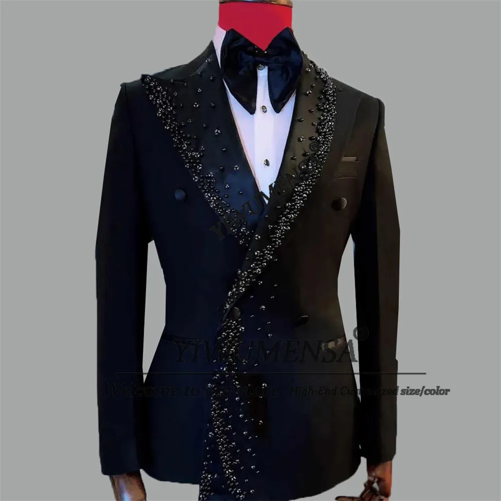 

Роскошный костюм с жемчугом и бисером для мужчин, комплект из двух предметов, двубортный пиджак, брюки, индивидуальные свадебные смокинги для жениха, костюм Homme