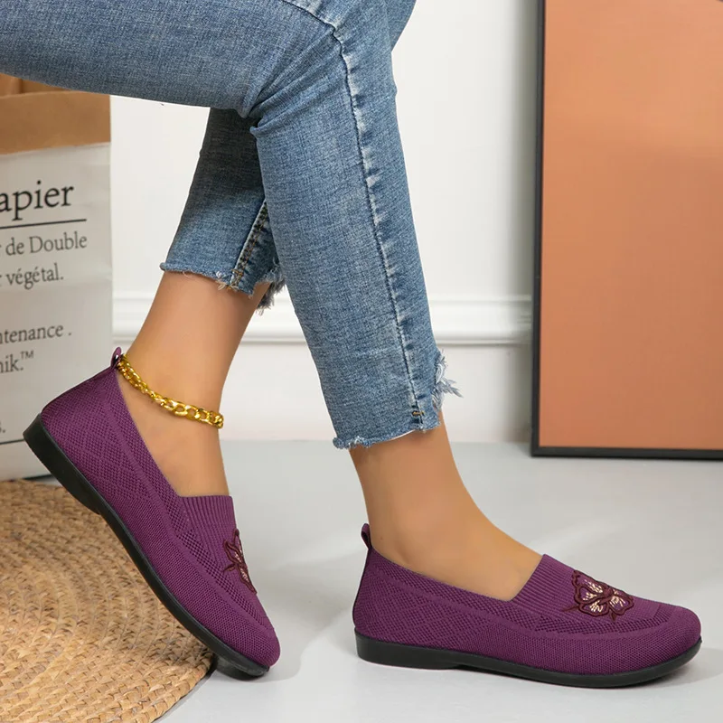 Damen-Strick-Slipper mit Blumenstickerei, flache Schuhe, atmungsaktives Mesh-Material, weiche Sohle, ideal für ältere Damen, Mütter, zum täglichen Gehen. – Detail 6