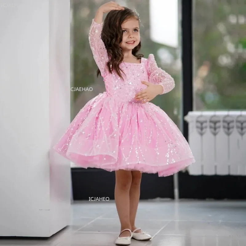 

New Girls Long Sleeve Sequin Tulle Princess Ball Gown for Pageant Performance Evening Dress Christmas Children Birthday Party