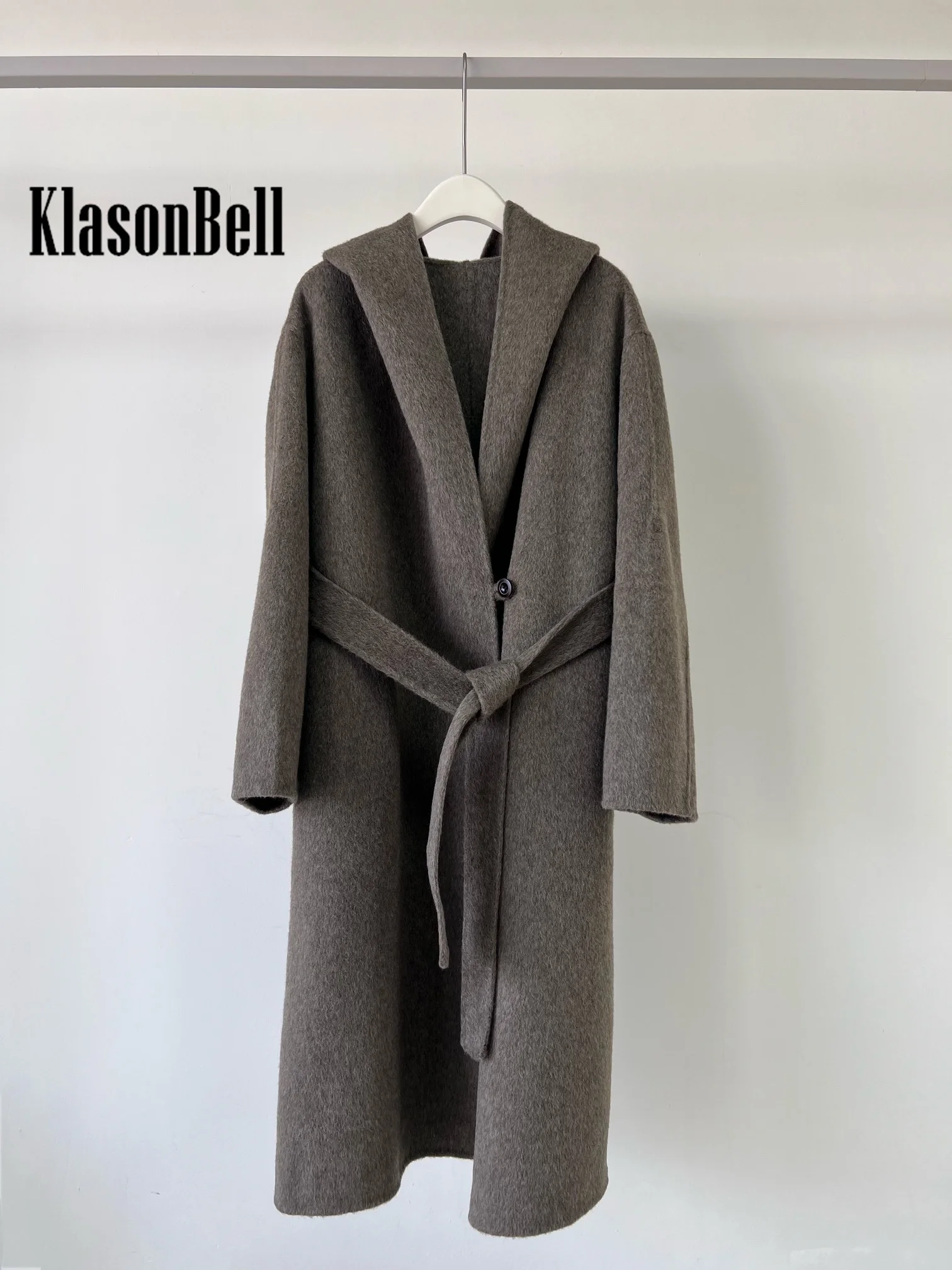 12.19 KlasonBell Temperament Alpaca Wool Blend Coat Hooded Long With Sashes Keep Warm Outerwear Women