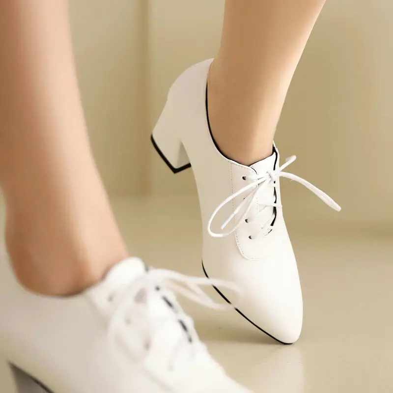 REAVE CAT Brand Women Pumps Pointed Toe Chunky Heels 6cm Lace Up Big Size 41 42 43 Office Lady Daily Female Shoes