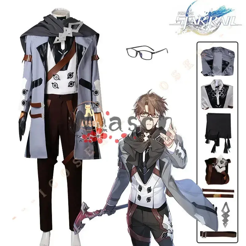 CyHonkai スターレールウェルトヤンコスプレ衣装ウィッグゲーム制服メガネトレンチスカーフアストラルエクスプレスアニメーターハロウィンパーティー男性 S