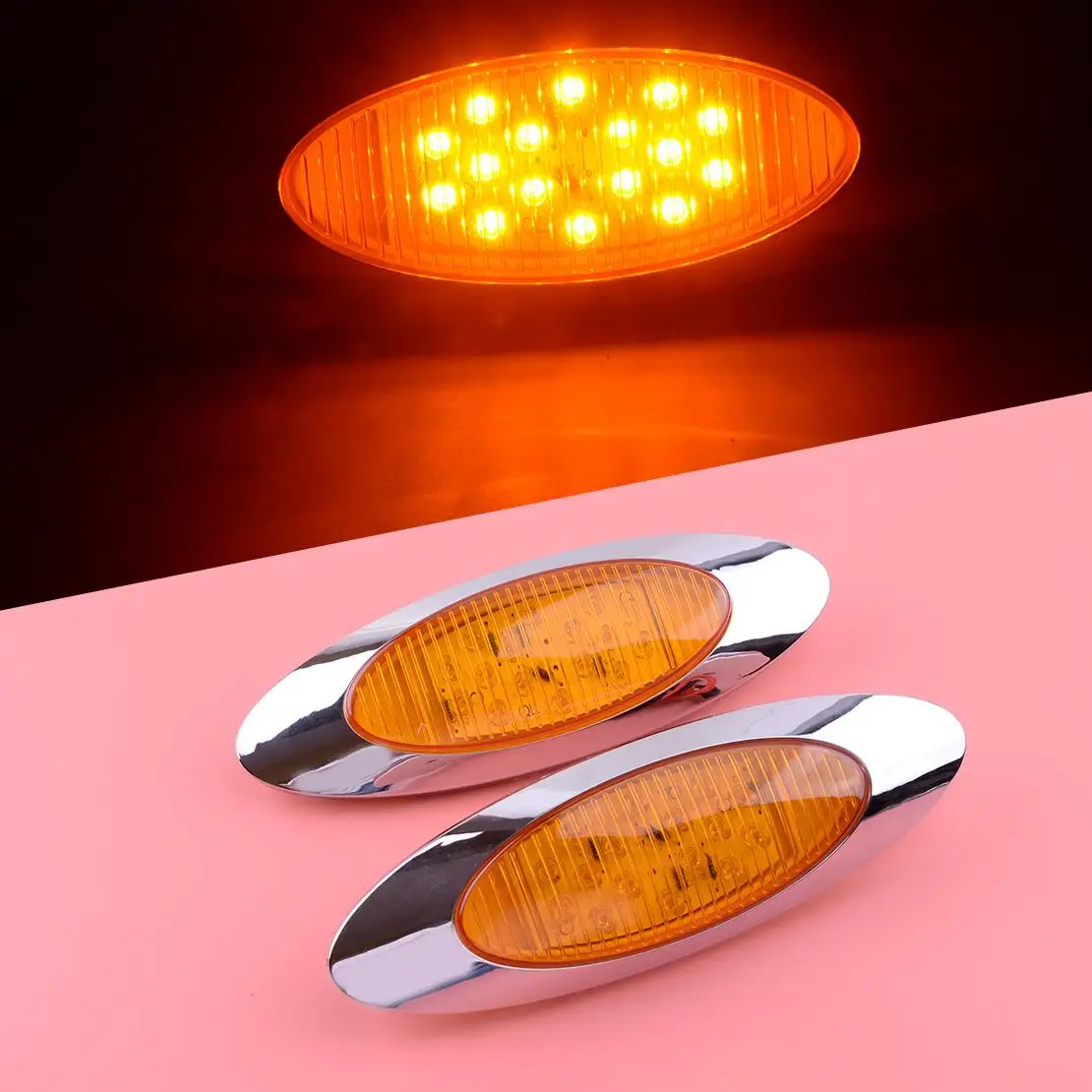 

2 шт., 12 В, янтарный светодиодный габаритный тонкий боковой габаритный фонарь, 16 светодиодов, хромированный, овальный, подходит для грузовика Freightliner