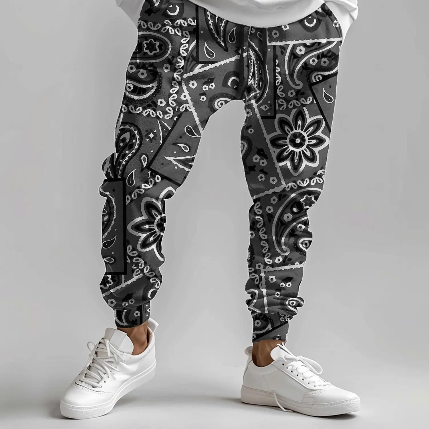 Men's casual jogging pants with cuffs retro paisley print design suitable for outdoor wear, autumn and winter fashion drawstring