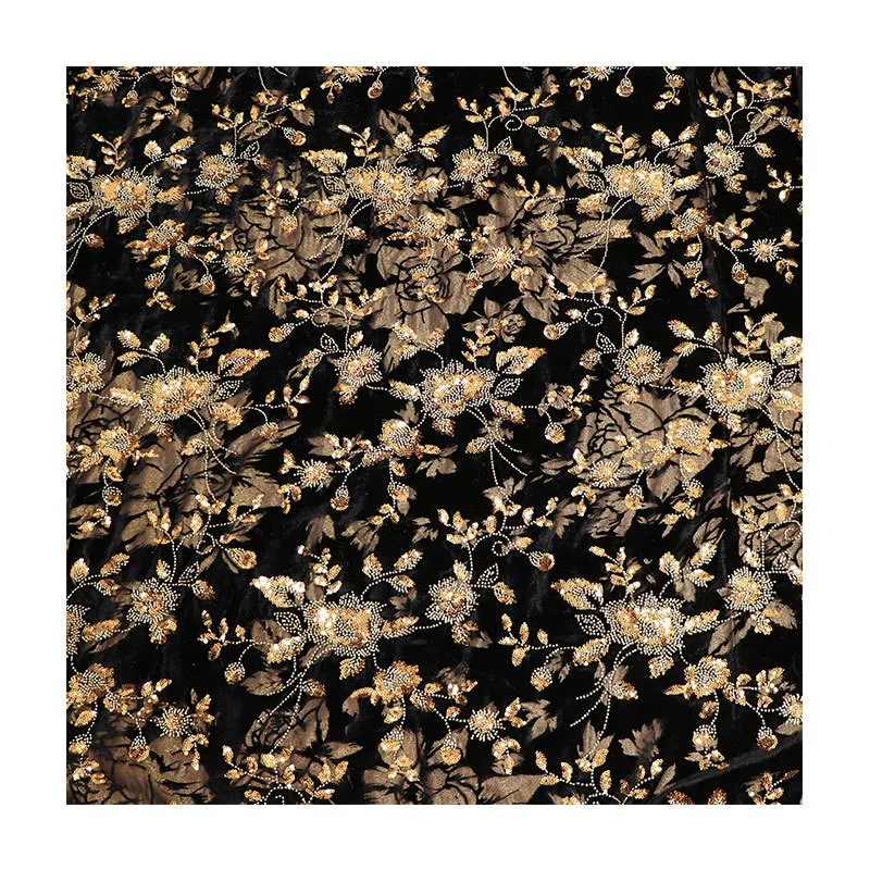 Silver three-dimensional beaded tubes embroidered gold lines woven sequins wedding dress women's fabric