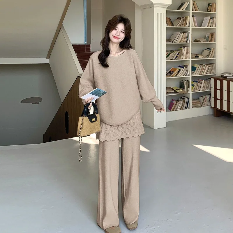 French Classic Solid Round Neck Long Sleeved Loose Knit Shirt Casual Straight Leg Pants Fashion Temperament 2-piece Set 트위드 투피스