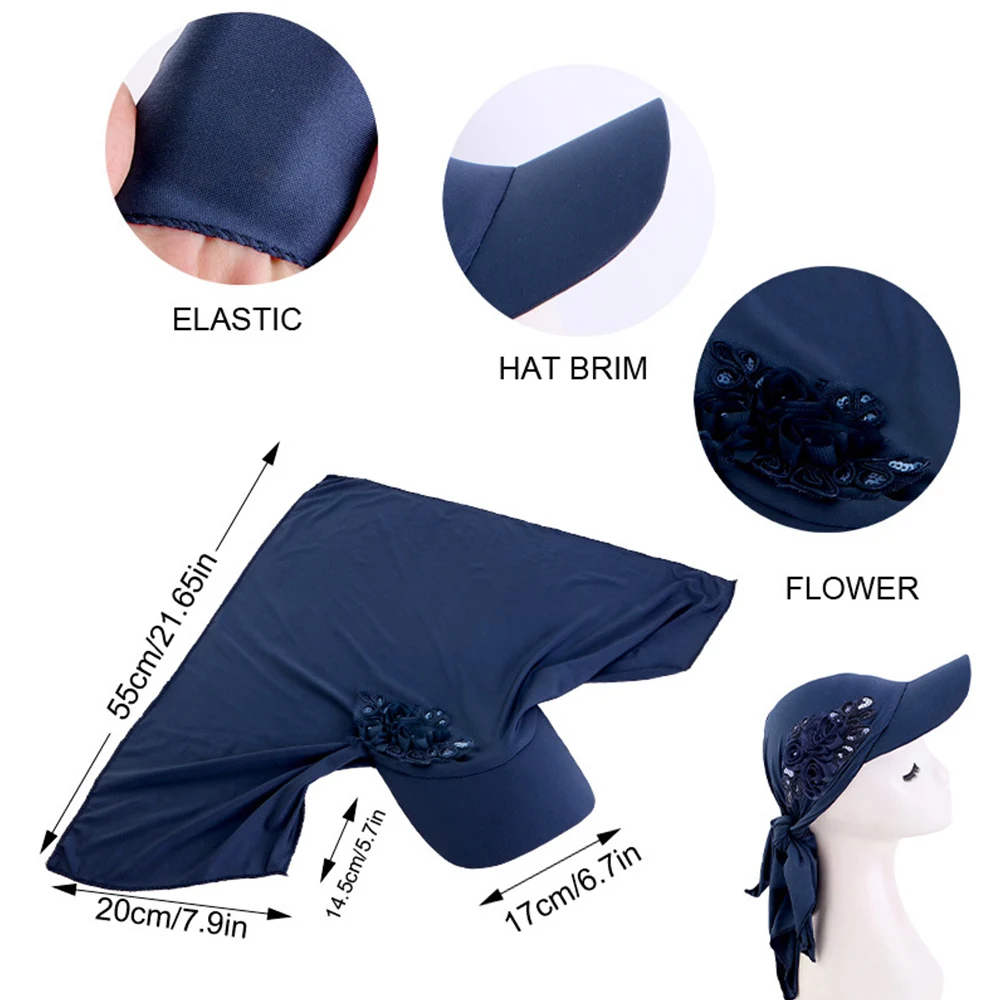 Glitter Flower Muslim Hijab Turban Baseball Hat For Women Headscarf Solid Color Sun Visor Hat Summer Outdoor Brim Sunshade Hats