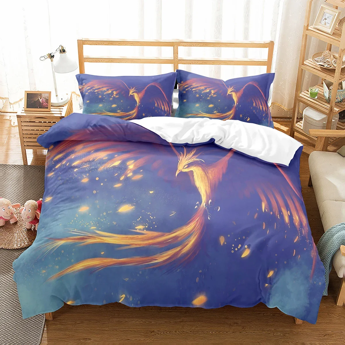 

Phoenix Duvet Cover Set King Queen Size for Kids Boy Girls Bedding Set Yellow Animals Pattern Polyester Quilt Cover with Zipper