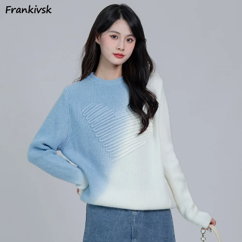 

Women Pullovers Gradient O-neck Loose Lovely Tender Simple Girlish Versatile Knitted Autumn Winter Long Sleeve Students Korean