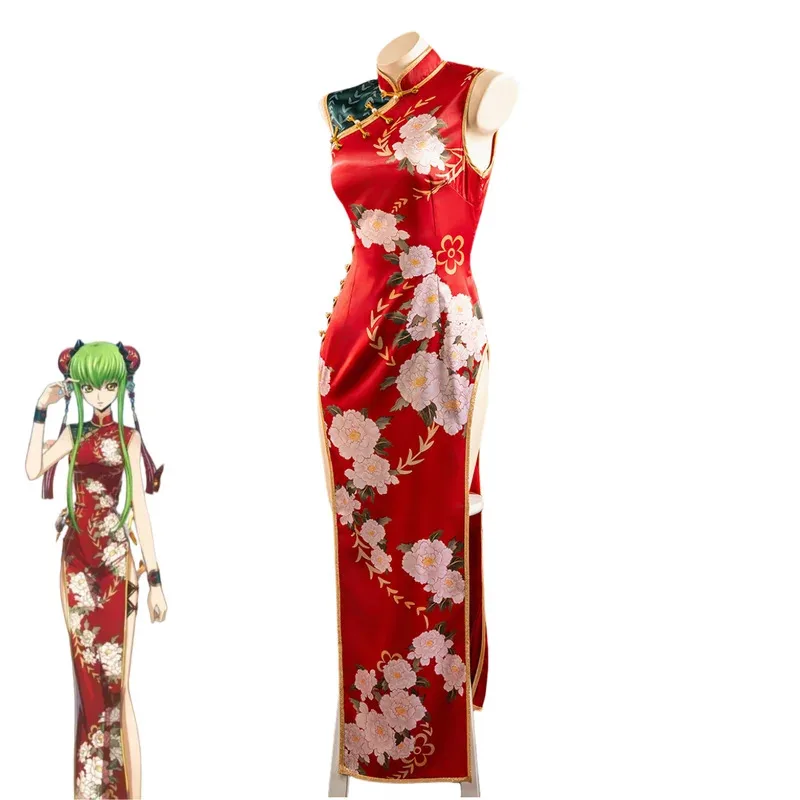 2025 aaa 애니메이션 코드 기어스 리유치의 반역 C.C. 코스프레 의상 중국 스타일 레드 치파오 드레스 가발 여성 섹시 크리스마스