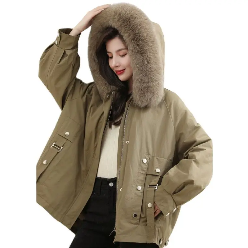 Brand High Grade Quality Women Thicken Warm Hoodie Down Parka Detachable Hat With Lining Rabbit Fur Hooded Winter Coat Jacket