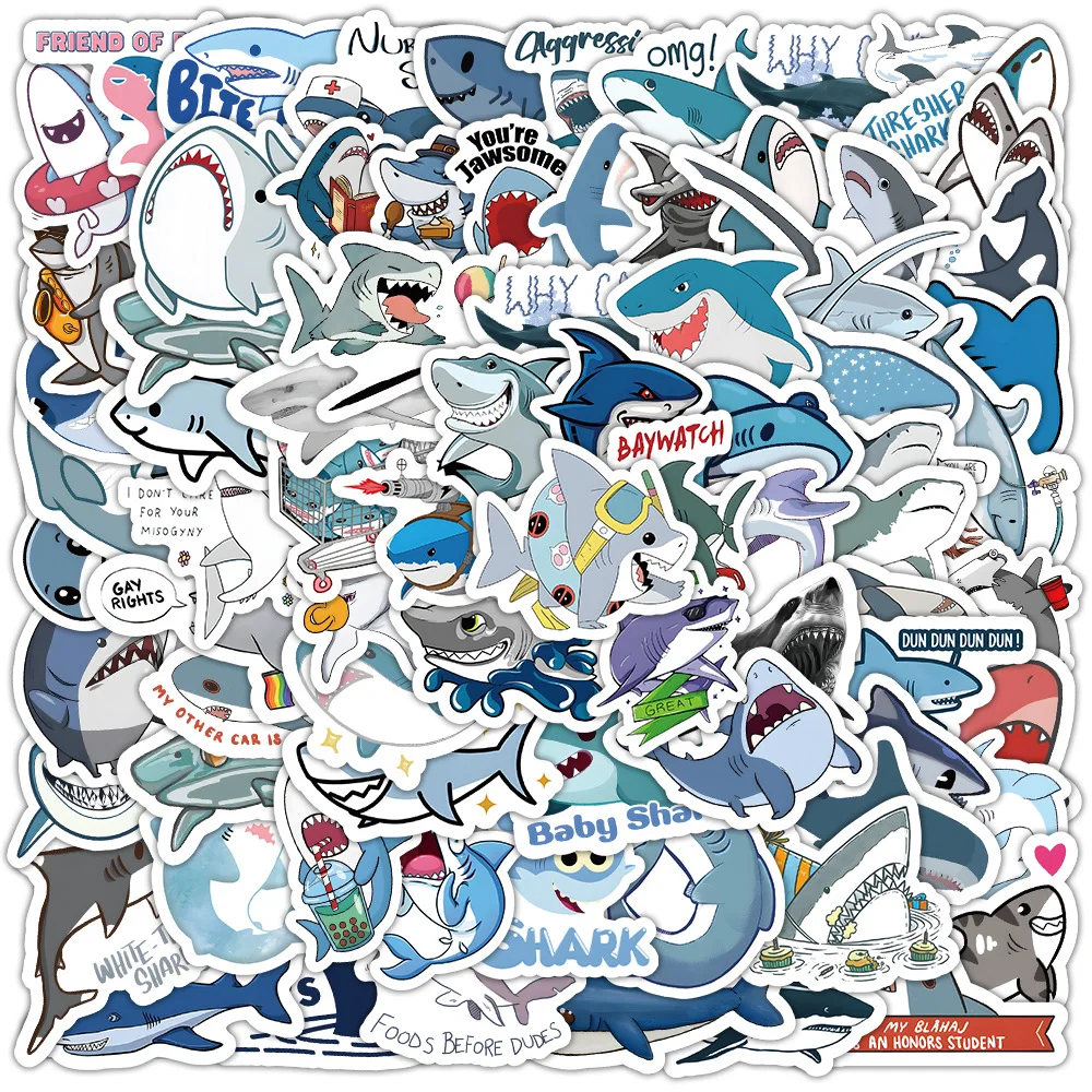 100PCS Cute Shark Cartoon Animal Stickers Decorated Notebook Diary Skateboard Stationery And Toys DIY Decal