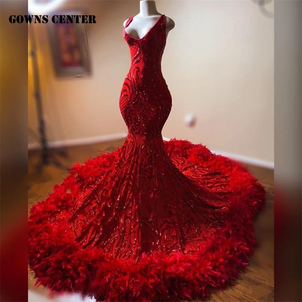 

Red Sequined Lace Feathers Mermaid Prom Dress 2024 Luxury Black Girl Spaghetti Formal Occasion Dress Cocktail Gowns Customized