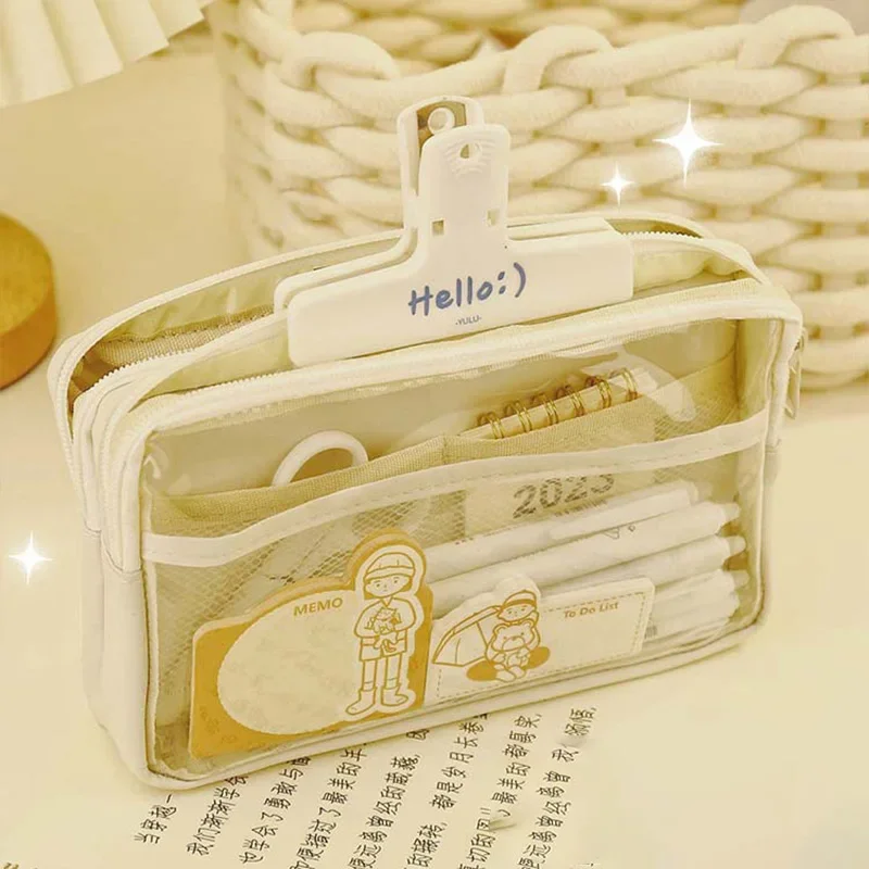 Zipper Pencil Case Stationery Can Hold about 60 Pens Large Capacity Transparent Canvas Bag Portable Multifunctional Durable