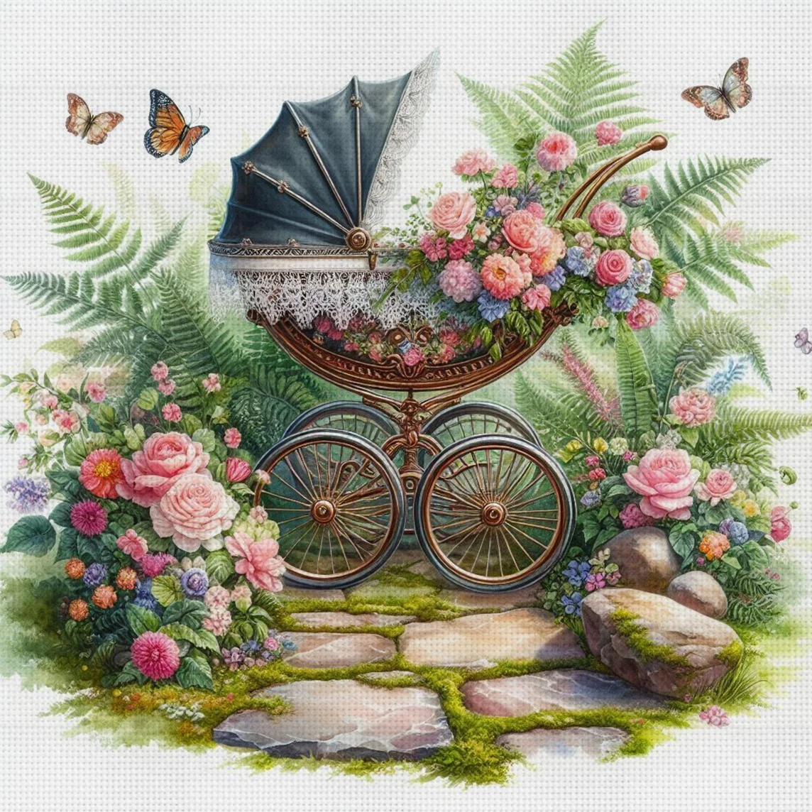 Blumenkutschen-Kreuzstich-Set zum Selbermachen, 11CT-Stickerei, Heimwanddekoration, Geschenk, handgefertigtes Material, rahmenlos, halbfertig, 36 x 36 cm
