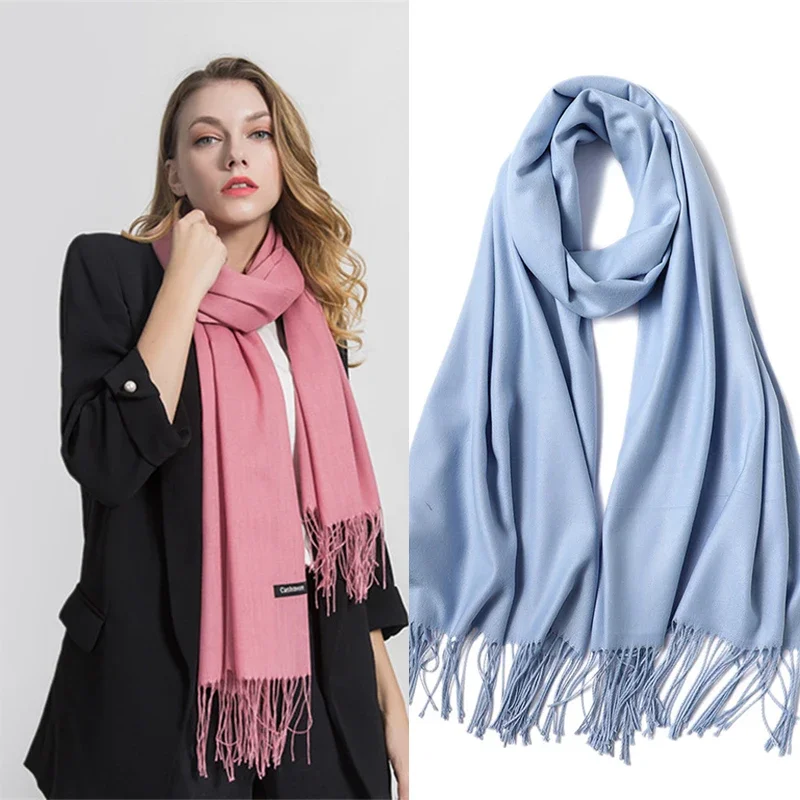 Fashion Solid Color 2023 Women Scarf Winter Hijabs Tessale Tassels Long Lady Shawls Cashmere Like Pashmina Hijabs Scarves Wraps