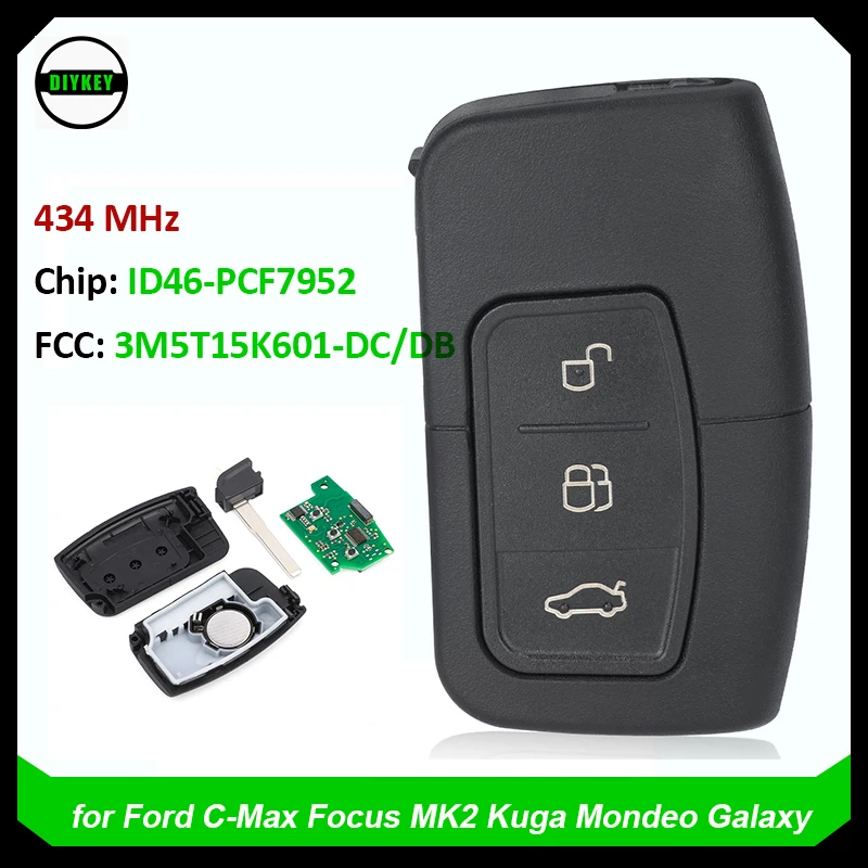 DIYKEY Keyless Smart Car Remote Key for Ford C-Max Focus MK2 Kuga Mondeo Galaxy Keyless Fob 434MHz ID46 PCF7952 3M5T15K601-DC/DB