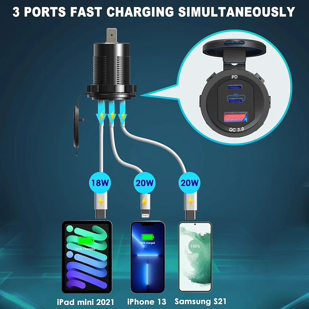 12V/24V USB Car Charger Socket PD & QC3.0 Type-c Ports Aluminum alloy Waterproof with LED 78W/66W Fast Charging Car Moto Adapter