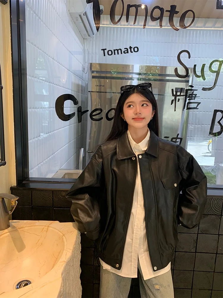 Fall 2025 New Vintage Bla Leather Jaet Women's American Dad Coat Long Sve Zipper Closure Loose Fit Commute Sle